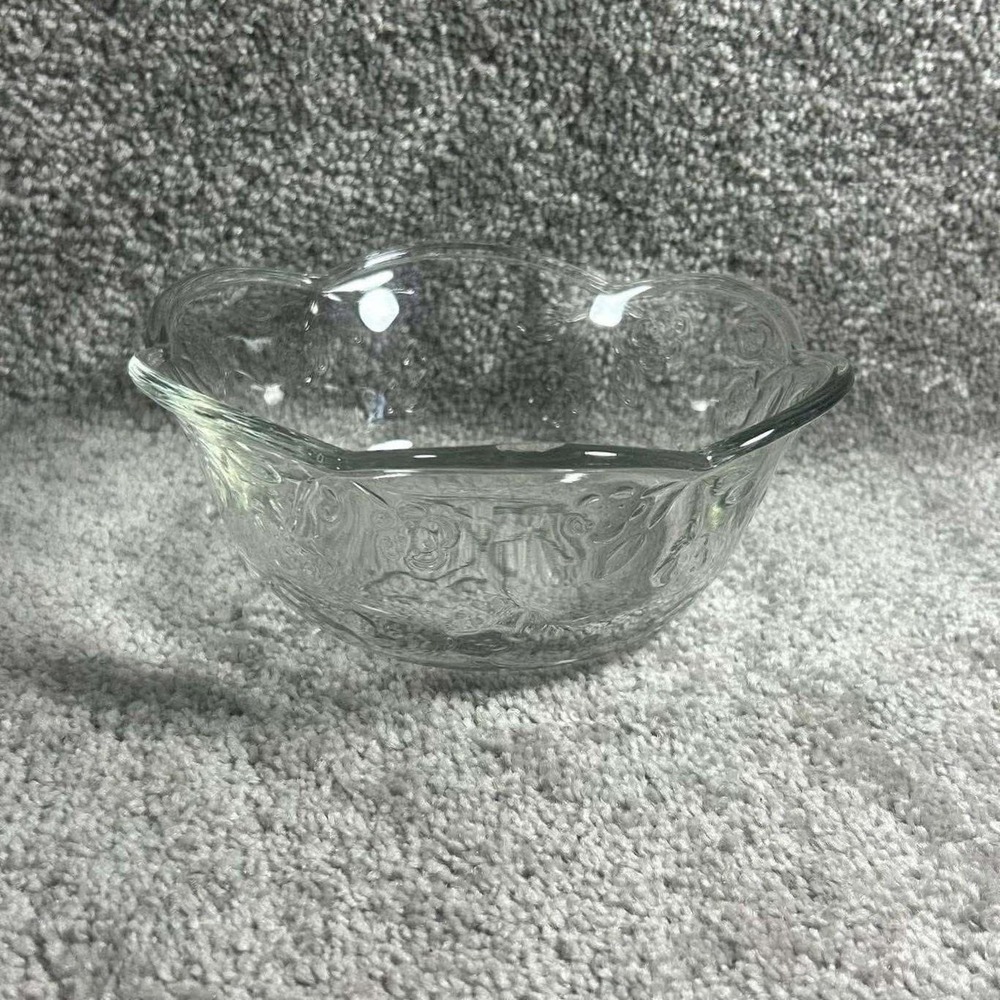 Floral Rose Glass Bowl Clear Scalloped Rim Decorative Small